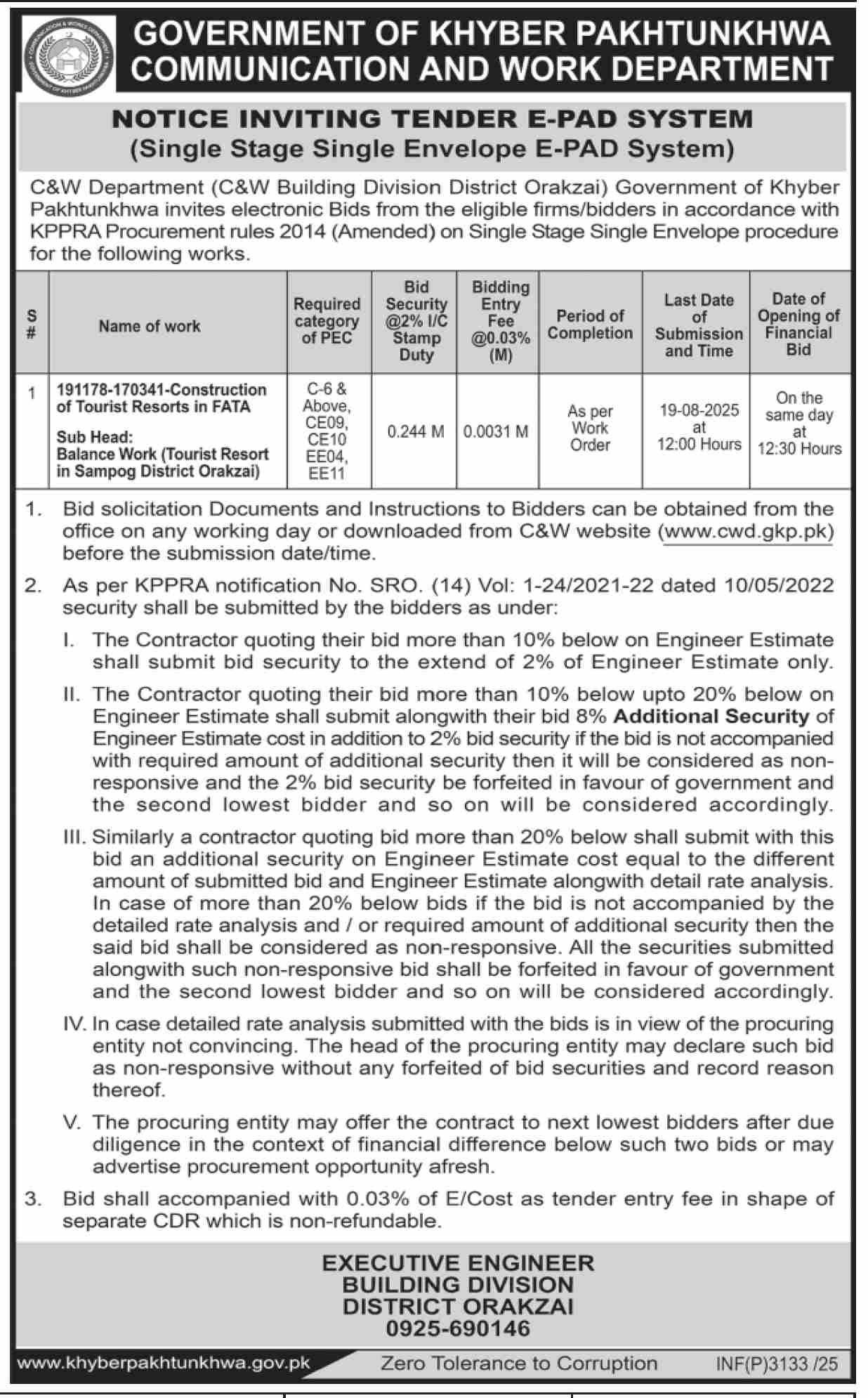 Communication & Works Department Orakzai Tender Notice